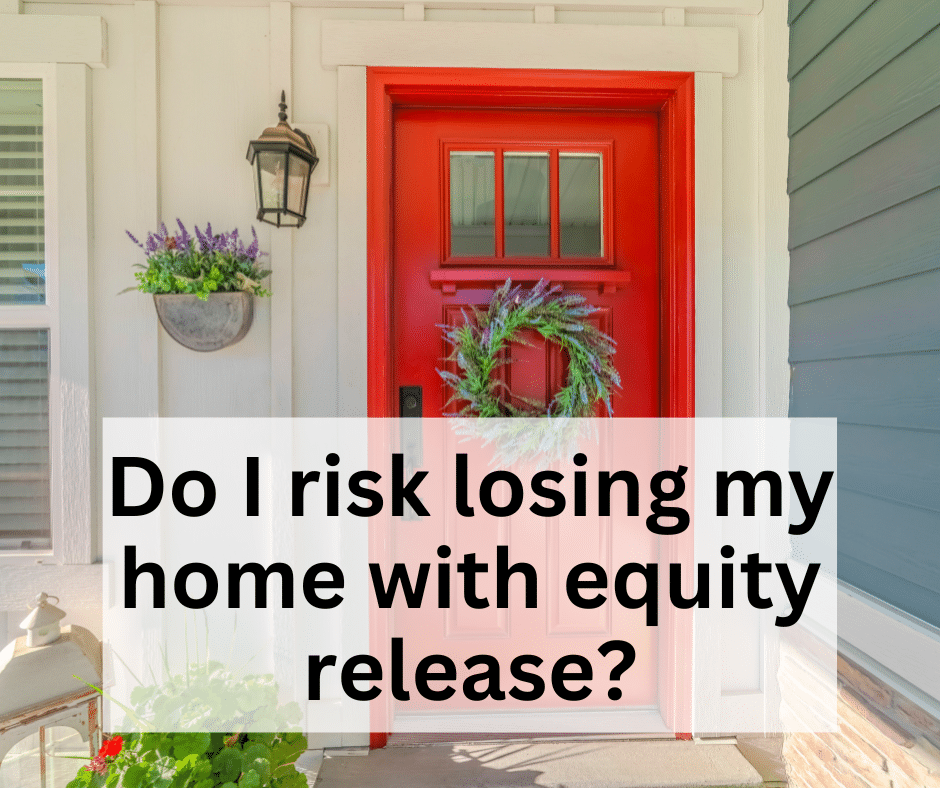 A lavender wreath hangs on a welcoming red front door with a lantern outside and a hanging basket to the side.